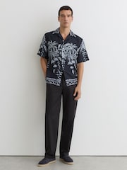 Reiss Navy Camino Palm-Print Cuban-Collar Shirt - Image 3 of 7