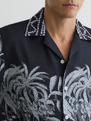 Reiss Navy Camino Palm-Print Cuban-Collar Shirt - Image 4 of 7