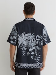 Reiss Navy Camino Palm-Print Cuban-Collar Shirt - Image 5 of 7