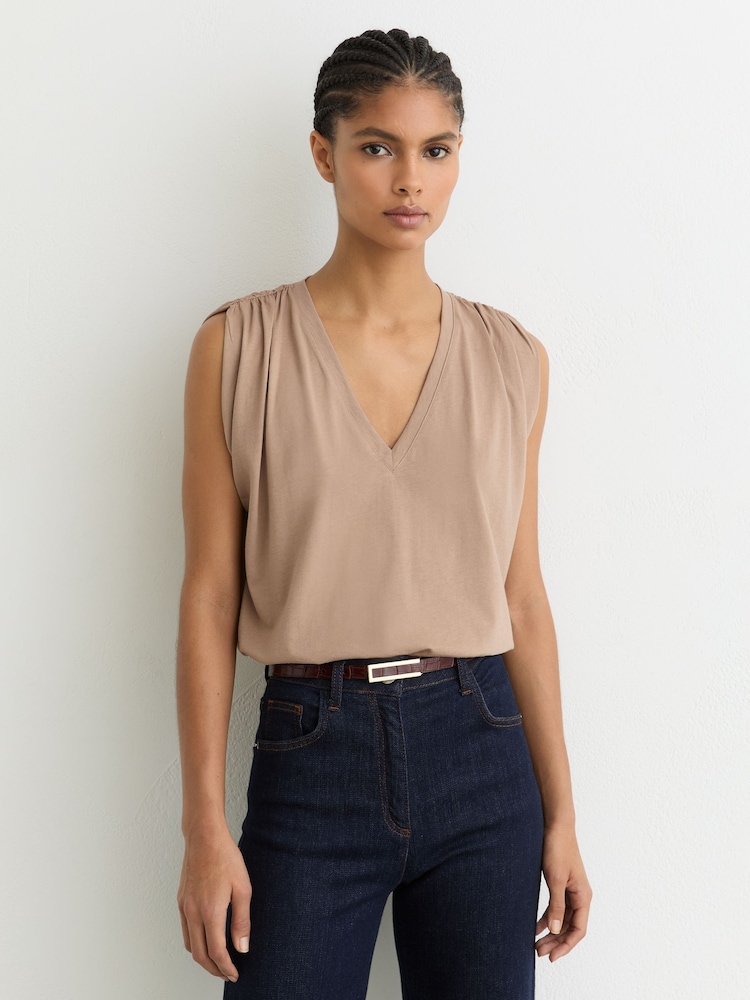 Reiss Taupe Neutral Renee Cotton Gathered-Detail V-Neck Vest - Image 1 of 6 Reiss Taupe Neutral Renee Cotton Gathered-Detail V-Neck Vest - Image 1 of 6