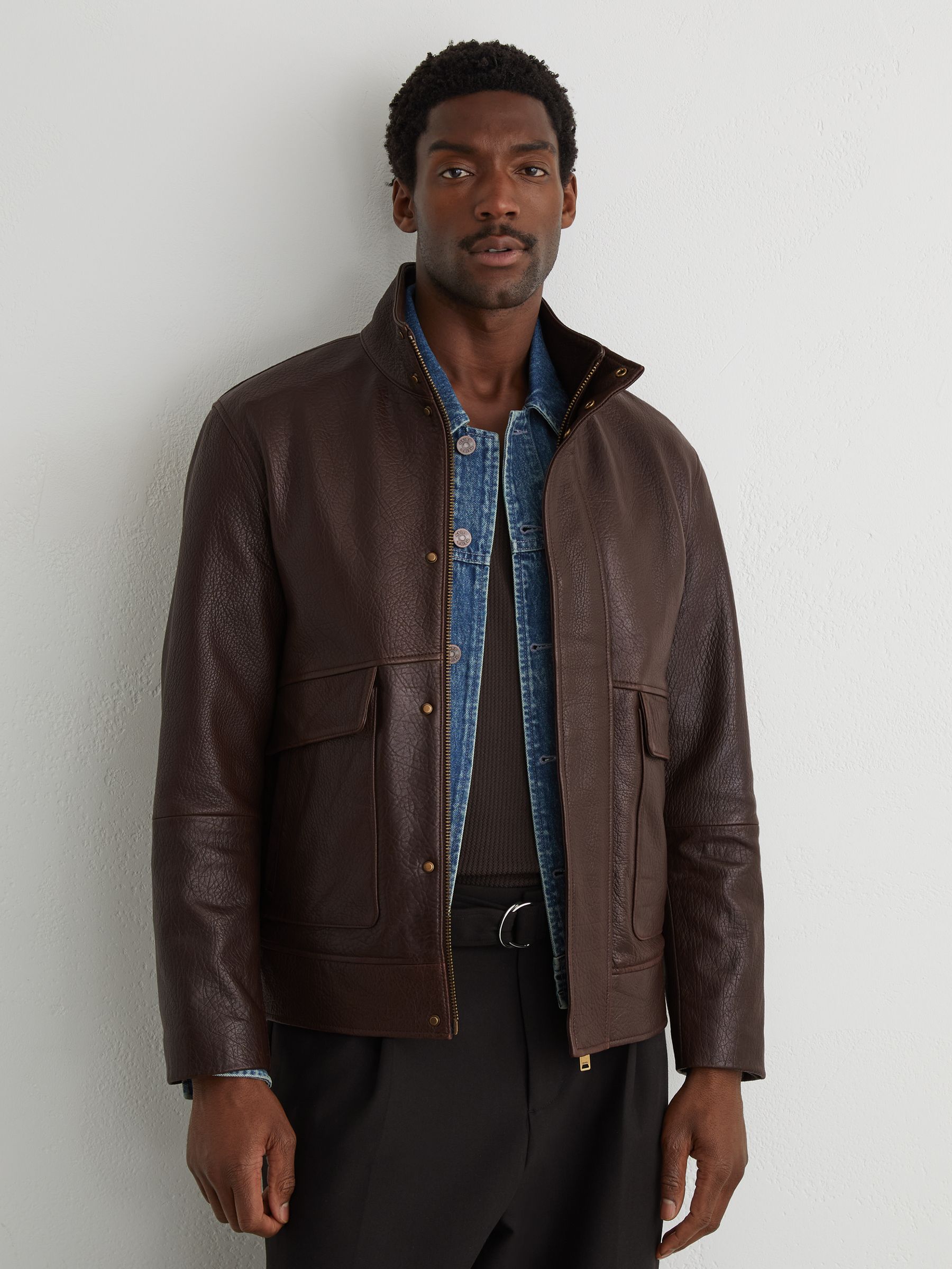 Buy Reiss Burgundy Slarten Grained-Leather Zip-Through Jacket from