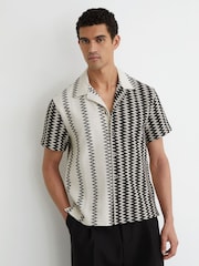 Reiss White/Black Dain Zig-Zag Crochet Cuban Collar Shirt - Image 1 of 7