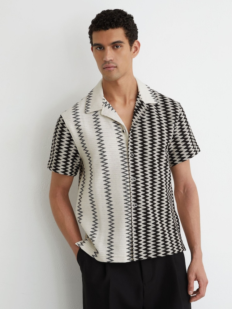 Reiss White/Black Dain Zig-Zag Crochet Cuban Collar Shirt - Image 1 of 7