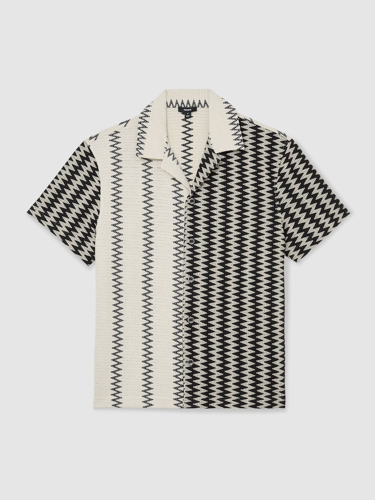 Reiss White/Black Dain Zig-Zag Crochet Cuban Collar Shirt - Image 2 of 7