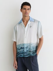Reiss Soft Blue Dive Dive-Print Cuban-Collar Shirt - Image 1 of 6