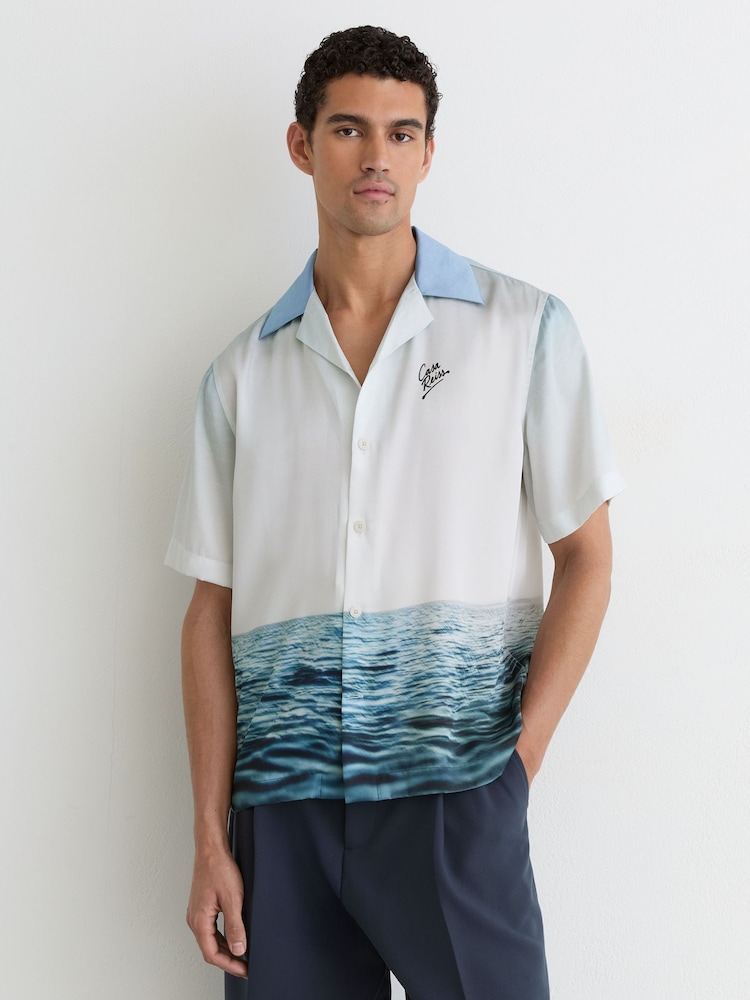 Reiss Soft Blue Dive Dive-Print Cuban-Collar Shirt - Image 1 of 6