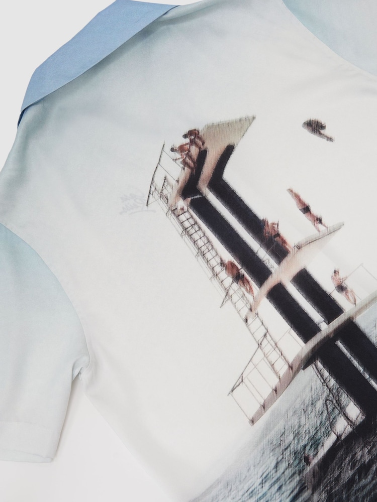 Reiss Soft Blue Dive Dive-Print Cuban-Collar Shirt - Image 6 of 6