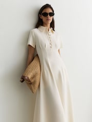 Reiss Cream Mari Button-Neck Short-Sleeve Midi Dress - Image 1 of 7