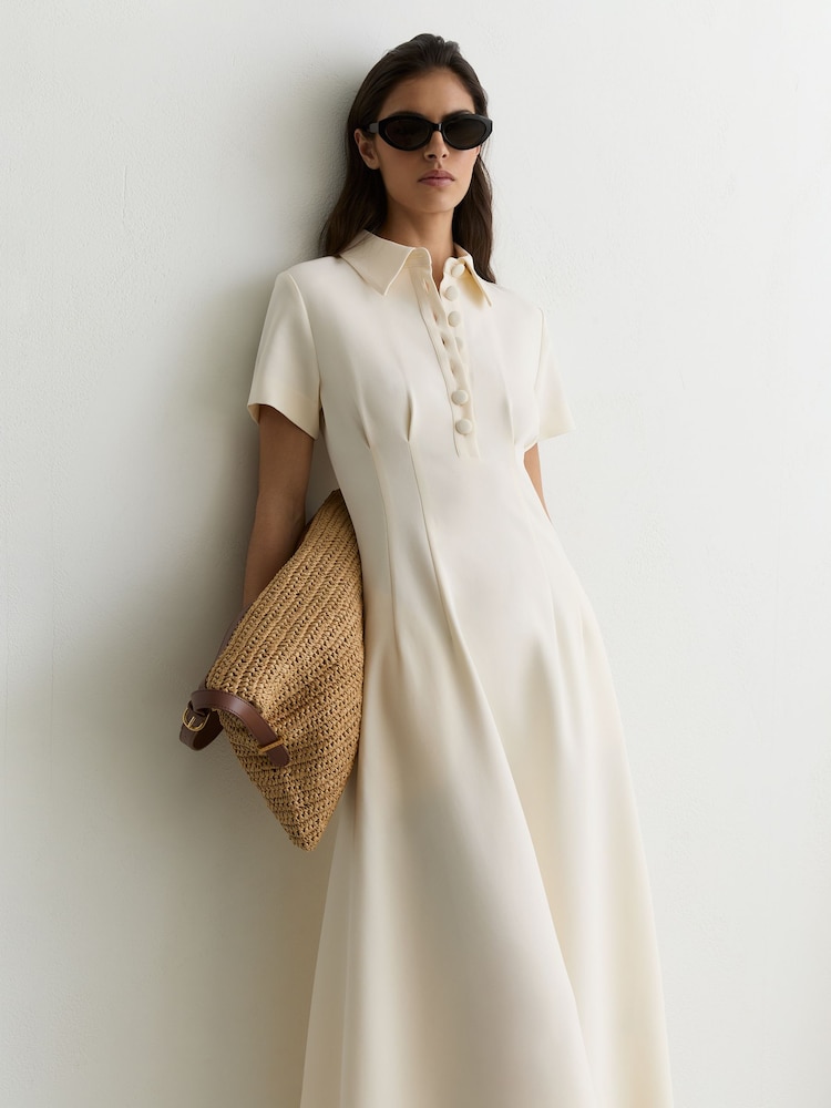 Reiss Cream Mari Button-Neck Short-Sleeve Midi Dress - Image 1 of 7