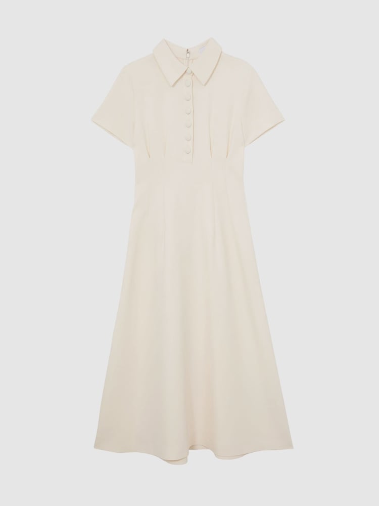 Reiss Cream Mari Button-Neck Short-Sleeve Midi Dress - Image 2 of 7