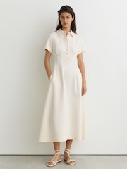 Reiss Cream Mari Button-Neck Short-Sleeve Midi Dress - Image 3 of 7