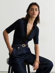 Reiss Navy/Black Denny Jersey Colour-Block Half-Zip Polo Top - Image 1 of 6