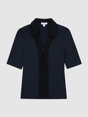 Reiss Navy/Black Denny Jersey Colour-Block Half-Zip Polo Top - Image 2 of 6