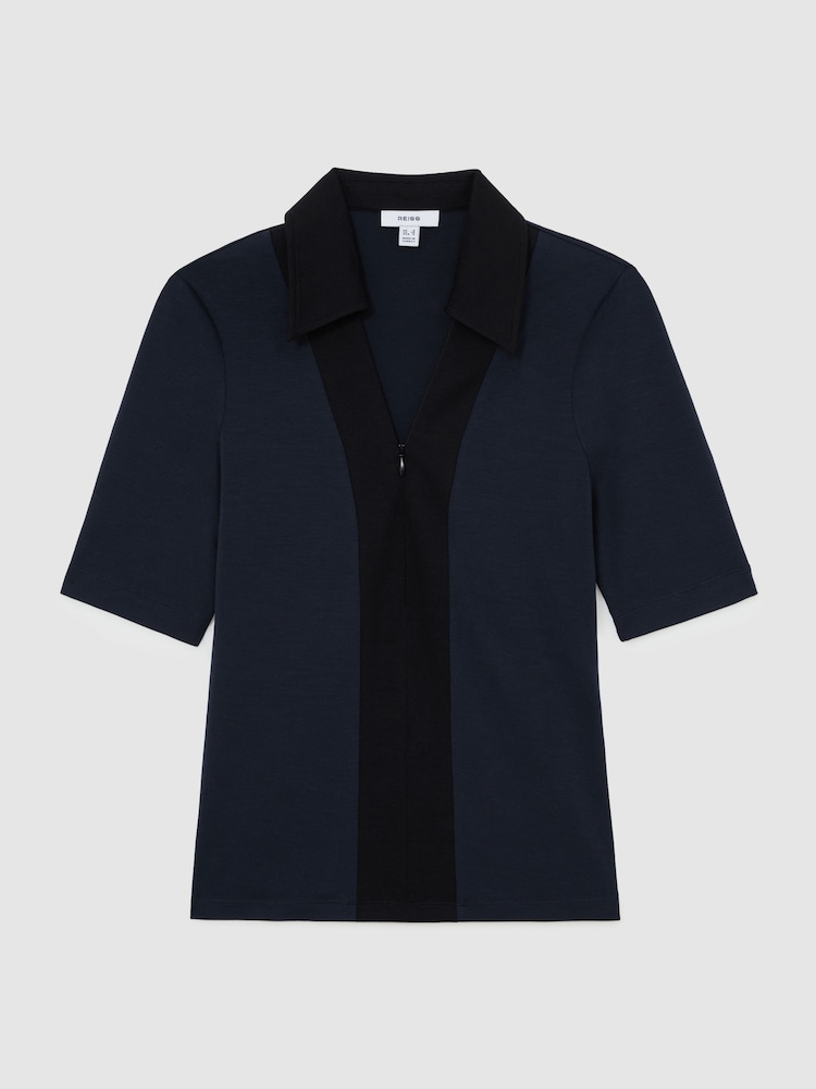 Reiss Navy/Black Denny Jersey Colour-Block Half-Zip Polo Top - Image 2 of 6