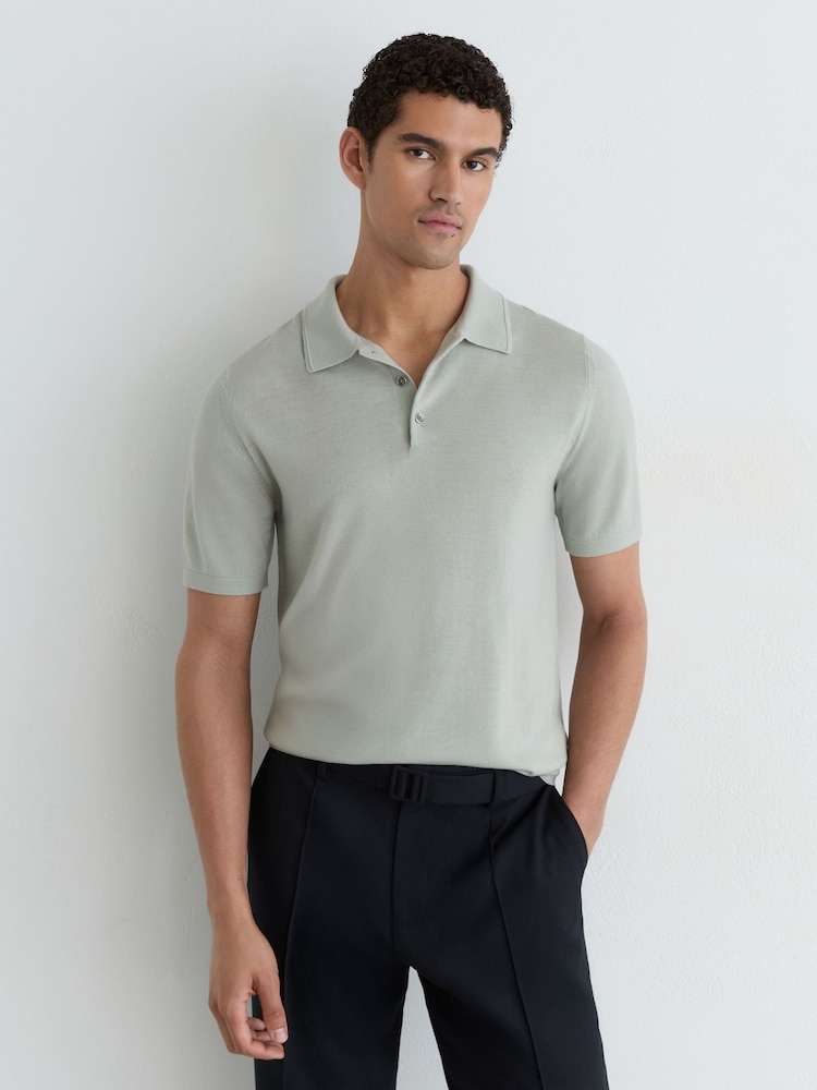Reiss Minty Sage Green Manor Merino Wool Short-Sleeve Polo Shirt - Image 1 of 6 Reiss Minty Sage Green Manor Merino Wool Short-Sleeve Polo Shirt - Image 1 of 6