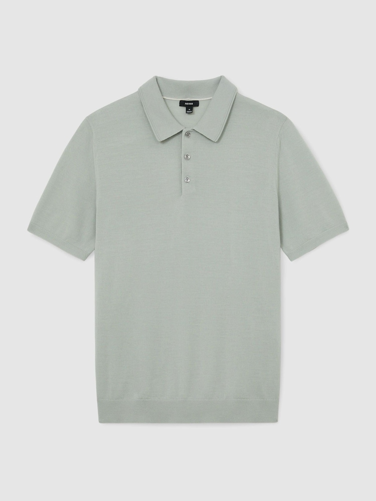 Reiss Minty Sage Green Manor Merino Wool Short-Sleeve Polo Shirt - Image 2 of 6 Reiss Minty Sage Green Manor Merino Wool Short-Sleeve Polo Shirt - Image 2 of 6