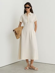 Reiss Cream Mari Petite Button-Neck Short-Sleeve Midi Dress - Image 1 of 8