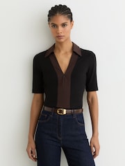Reiss Black/Chocolate Brown Denny Jersey Colour-Block Half-Zip Polo Top - Image 1 of 6