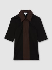 Reiss Black/Chocolate Brown Denny Jersey Colour-Block Half-Zip Polo Top - Image 2 of 6