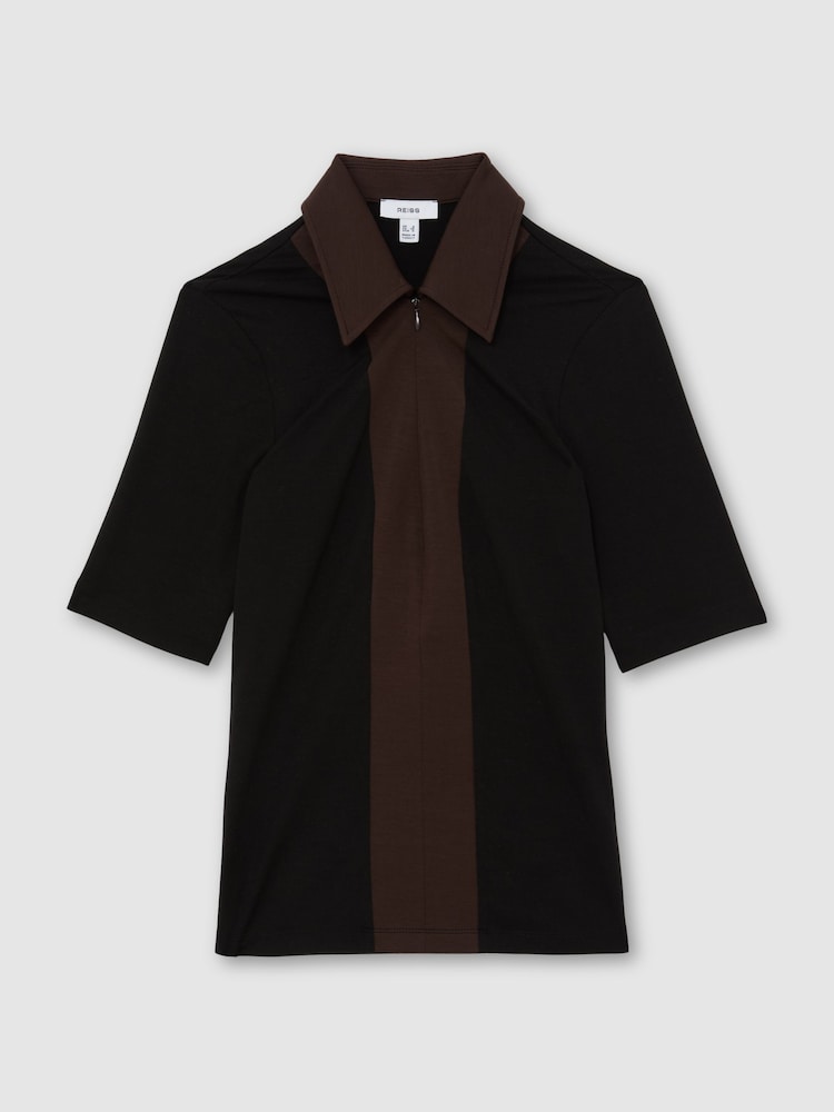 Reiss Black/Chocolate Brown Denny Jersey Colour-Block Half-Zip Polo Top - Image 2 of 6 Reiss Black/Chocolate Brown Denny Jersey Colour-Block Half-Zip Polo Top - Image 2 of 6