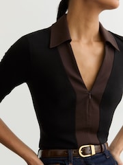 Reiss Black/Chocolate Brown Denny Jersey Colour-Block Half-Zip Polo Top - Image 4 of 6