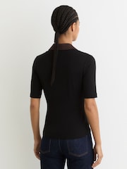 Reiss Black/Chocolate Brown Denny Jersey Colour-Block Half-Zip Polo Top - Image 5 of 6