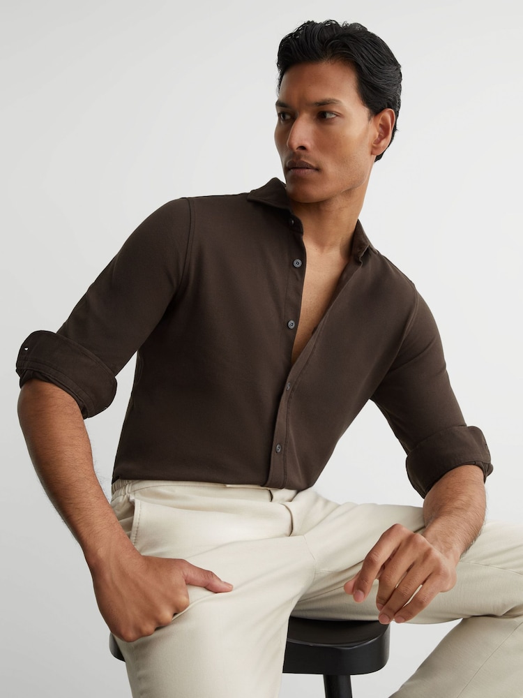 Reiss Chocolate Brown Dasilva Cotton-Piqué Garment-Dyed Shirt Regular-Fit - Image 1 of 6