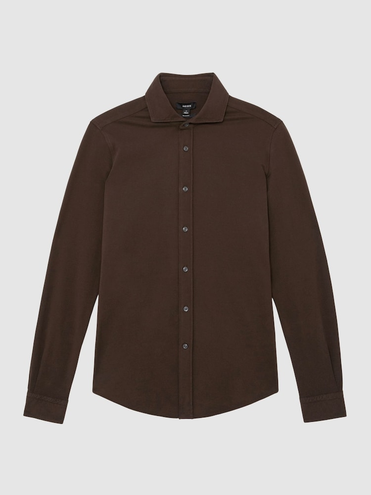 Reiss Chocolate Brown Dasilva Cotton-Piqué Garment-Dyed Shirt Regular-Fit - Image 2 of 6
