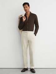 Reiss Chocolate Brown Dasilva Cotton-Piqué Garment-Dyed Shirt Regular-Fit - Image 3 of 6