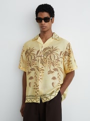 Reiss Yellow Camino Palm-Print Cuban-Collar Shirt - Image 1 of 6