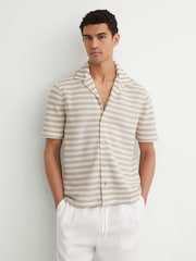Reiss White/Oatmeal Island Striped Crochet Cuban-Collar Shirt - Image 1 of 6