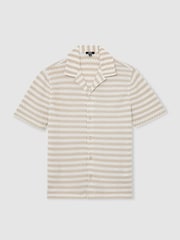 Reiss White/Oatmeal Island Striped Crochet Cuban-Collar Shirt - Image 2 of 6