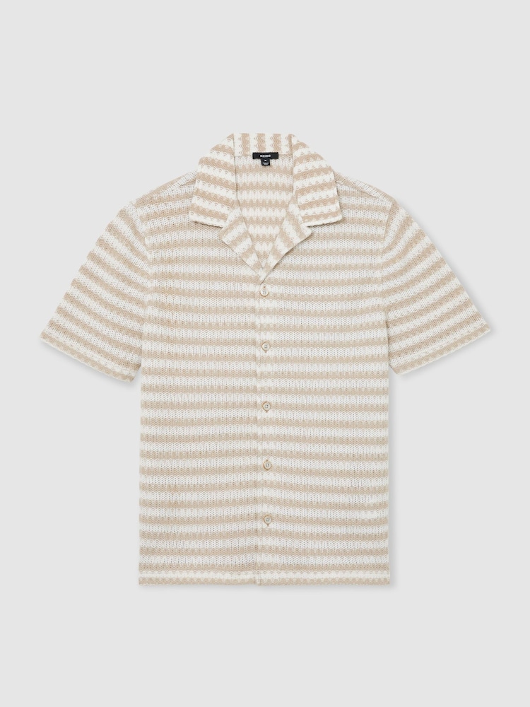 Reiss White/Oatmeal Island Striped Crochet Cuban-Collar Shirt - Image 2 of 6