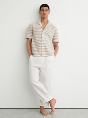 Reiss White/Oatmeal Island Striped Crochet Cuban-Collar Shirt - Image 3 of 6