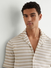 Reiss White/Oatmeal Island Striped Crochet Cuban-Collar Shirt - Image 4 of 6