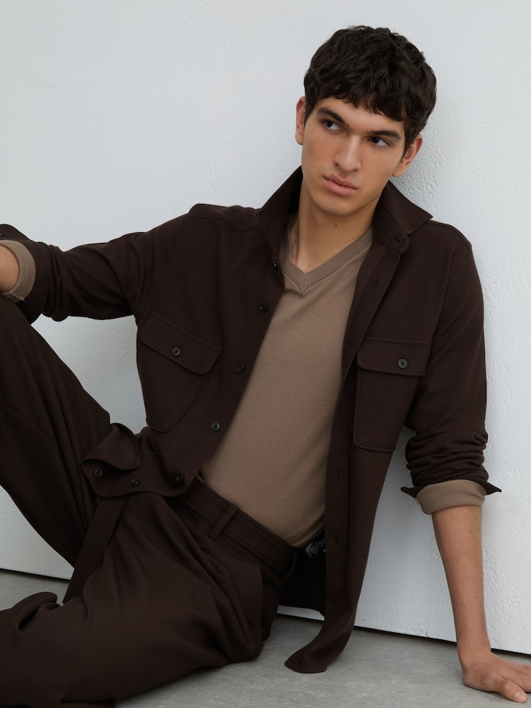 Reiss Brown Forsithe Textured Twin-Pocket Overshirt Cotton-Blend - Image 1 of 6 Reiss Brown Forsithe Textured Twin-Pocket Overshirt Cotton-Blend - Image 1 of 6
