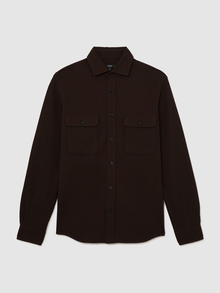 Reiss Brown Forsithe Textured Twin-Pocket Overshirt Cotton-Blend - Image 2 of 6 Reiss Brown Forsithe Textured Twin-Pocket Overshirt Cotton-Blend - Image 2 of 6