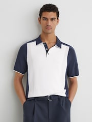 Reiss White/Airforce Blue Claremont Colour-Block Knitted Polo Shirt - Image 1 of 6
