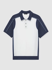 Reiss White/Airforce Blue Claremont Colour-Block Knitted Polo Shirt - Image 2 of 6