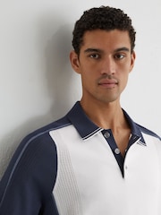 Reiss White/Airforce Blue Claremont Colour-Block Knitted Polo Shirt - Image 4 of 6