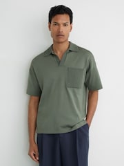 Reiss Steel Green Warton Knitted Open-Collar Polo Jumper - Image 1 of 6