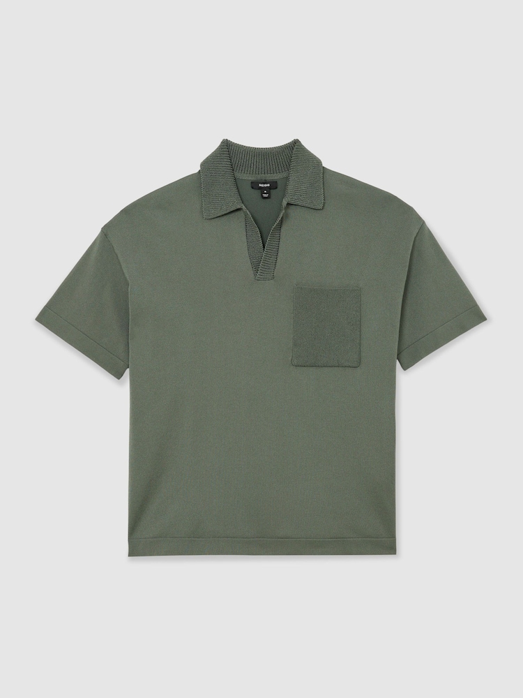 Reiss Steel Green Warton Knitted Open-Collar Polo Jumper - Image 2 of 6 Reiss Steel Green Warton Knitted Open-Collar Polo Jumper - Image 2 of 6