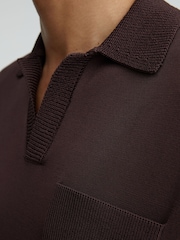Reiss Chocolate Brown Warton Knitted Open-Collar Polo Jumper - Image 3 of 6