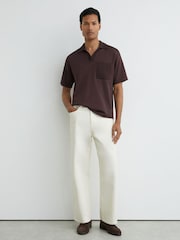 Reiss Chocolate Brown Warton Knitted Open-Collar Polo Jumper - Image 4 of 6