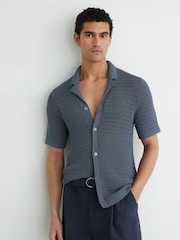 Reiss Airforce Blue Buzzard Open-Knit Button-Through Shirt - Image 1 of 6