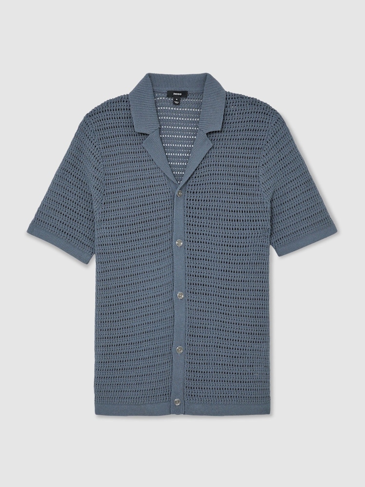 Reiss Airforce Blue Buzzard Open-Knit Button-Through Shirt - Image 2 of 6