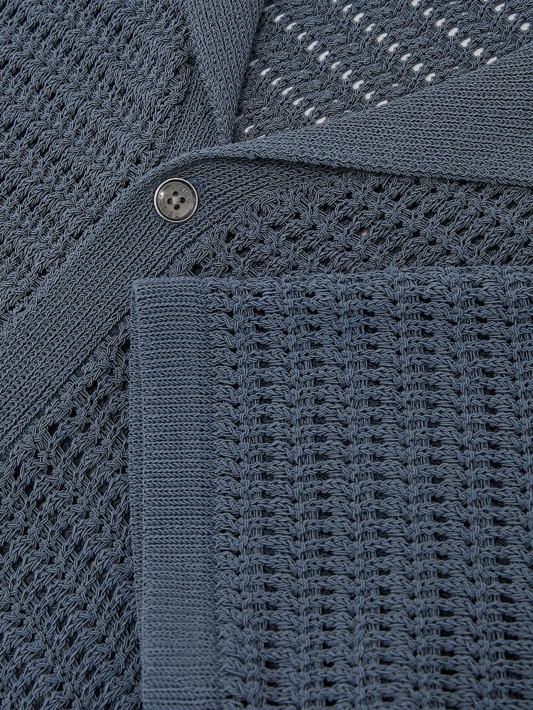 Reiss Airforce Blue Buzzard Open-Knit Button-Through Shirt - Image 6 of 6