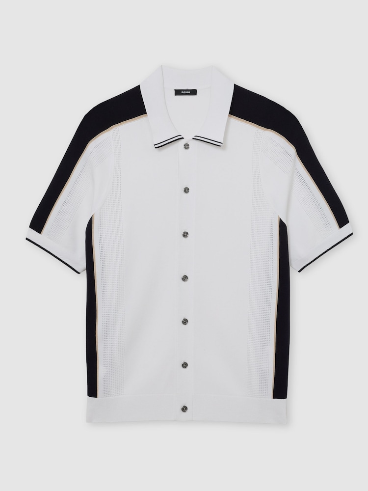Reiss Navy/White Farley Colour-Block Knit Button-Through Shirt - Image 2 of 6