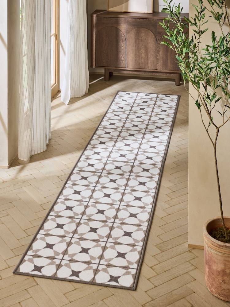 Natural Washable Geometric Tile Runner - Image 1 of 6