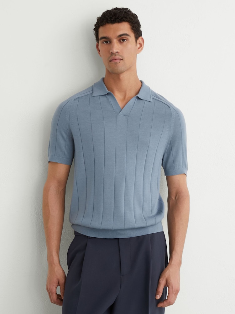 Bleu blindé - Pull polo Reiss Chelmsford à larges côtes en laine mérinos - Image 1 de 6